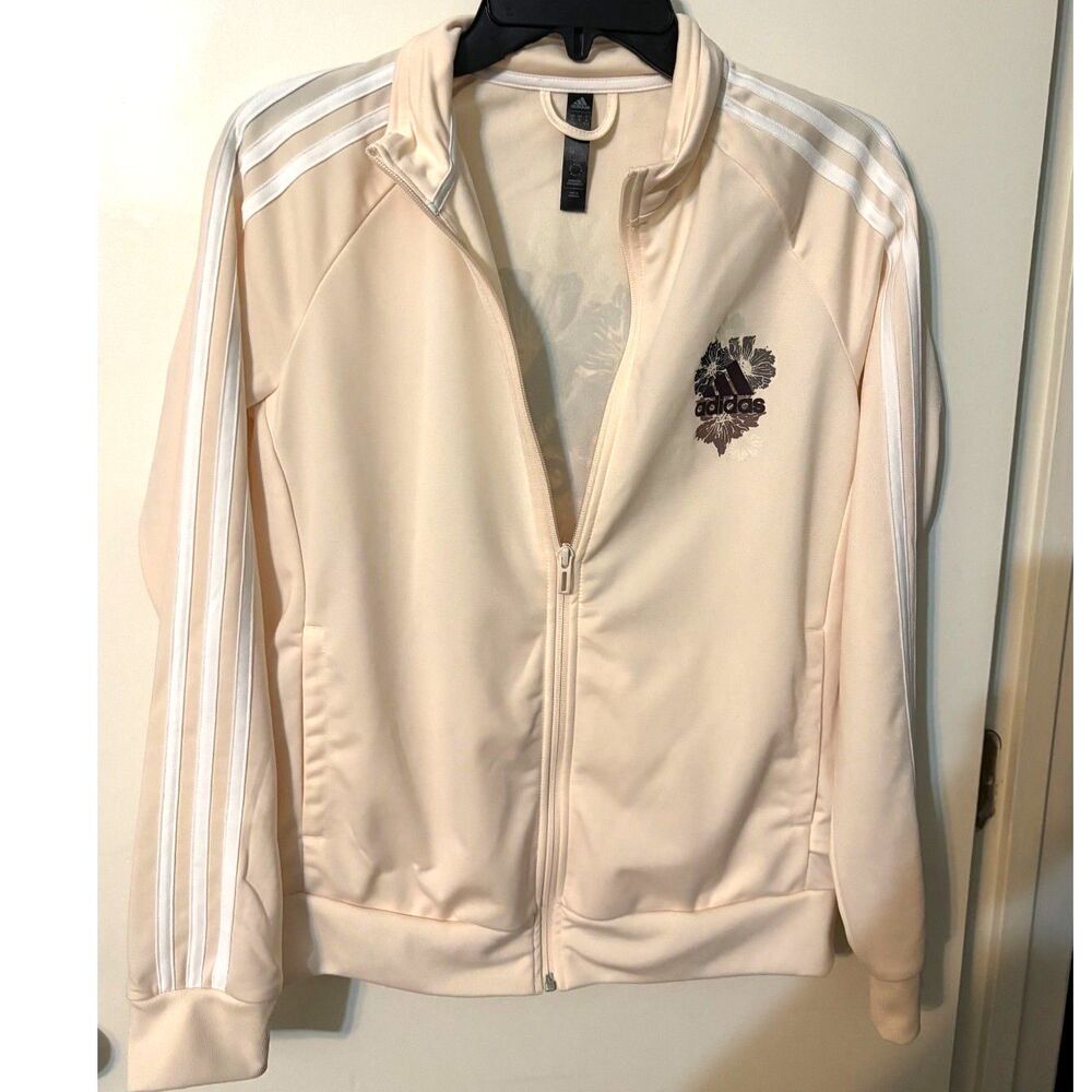 Adidas Floral Track Jacket Cream/Pink Zip 3 Stripe Athleisure Women’s Medium